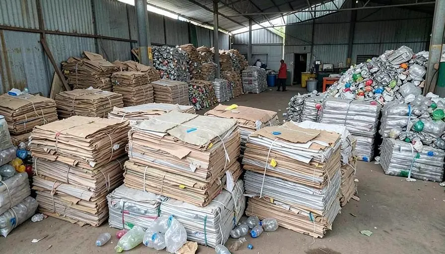 Sorted bales of cardboard, paper and plastic at a material recovery facility