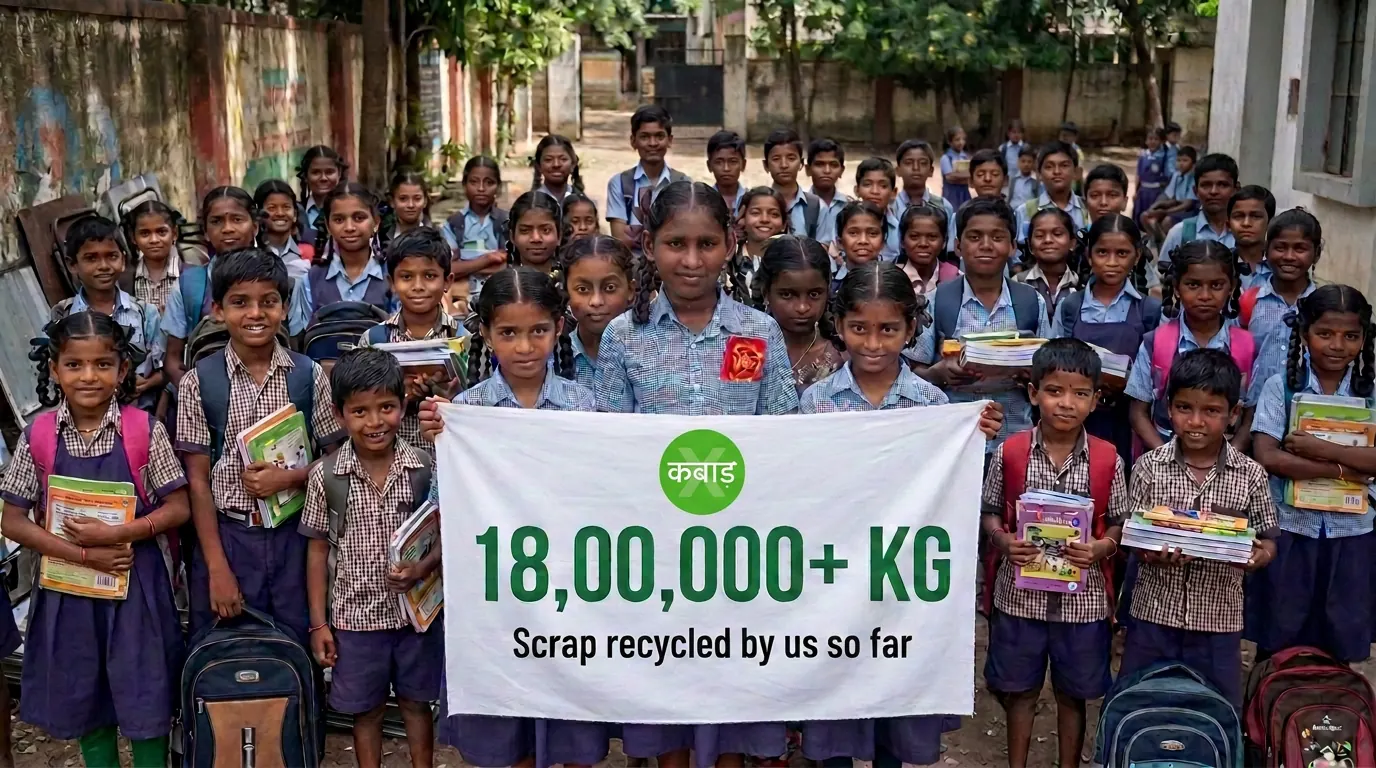 Schoolchildren with bags and books holding a branded 18 lakh kilogram recycled scrap banner