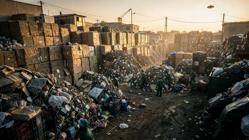 Scrap yard with baled cardboard, metal and plastic ready for recycling